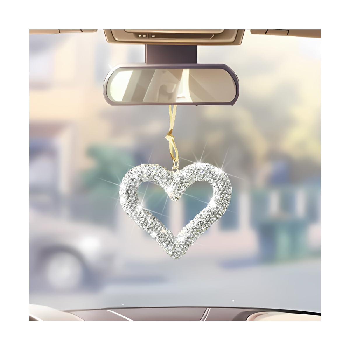 Mandark Bling Heart Car Hanging Accessories, Crystal Rhinestone Vehicle Rear View Mirror Charm Pendant Ornaments, Cute Diamond Auto Interior Hanger Decoration for Women Girls（Silver）
