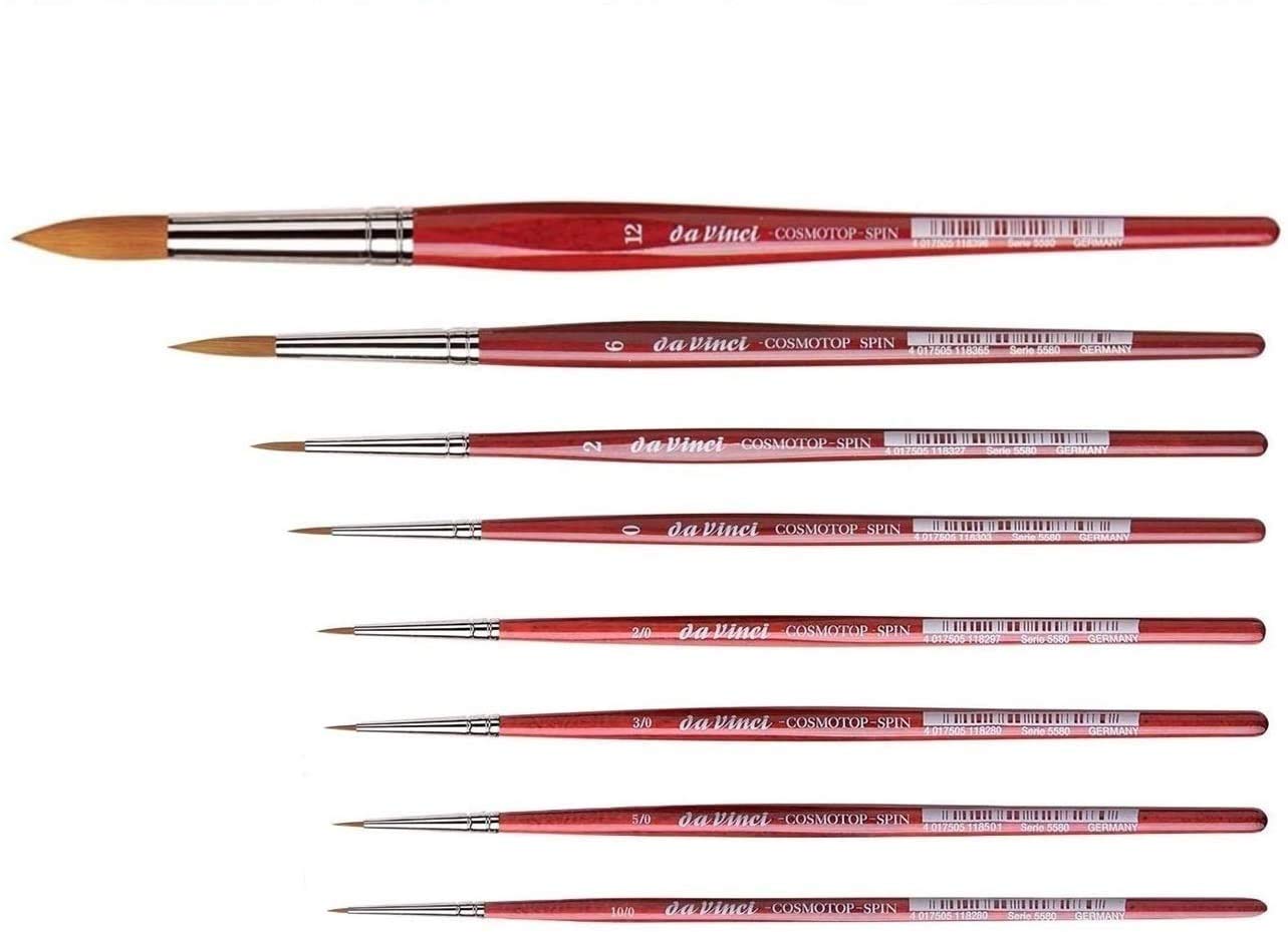 Seria Da Vinci 5580 cosmotop Spin Braun - Zestaw 8 akwarelowych pędzli syntetycznych, nr 0/10, 0/5, 0/3, 0/2. 0, 2, 6, 12 Wyprodukowano w Niemczech