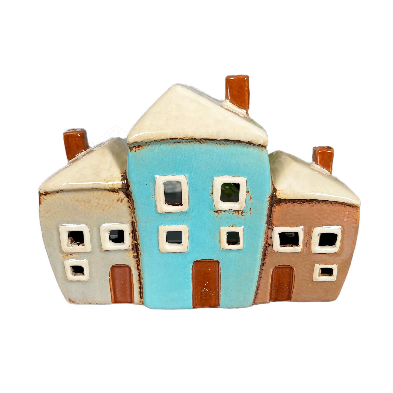 Darthome Multicolor Ceramic Village 3 Cottage Houses Home Pottery Ornament Tea Light Candle Holder 18Cm