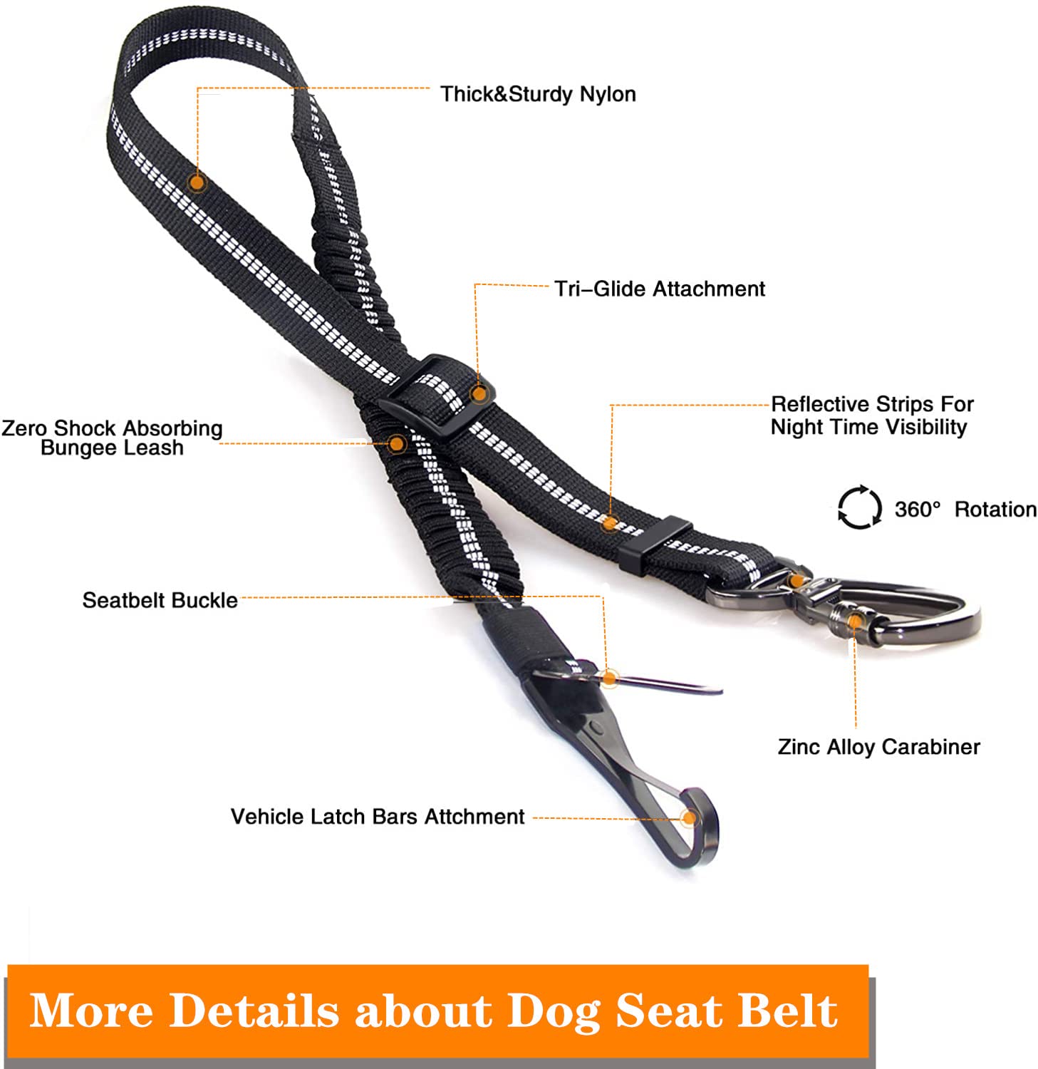 Dog Seat Belt,Adjustable Dog Seatbelt for Car,3 in 1 Dog Safety Belt Leash,Reflective Bungee Dog Car Seatbelt with Hook& Buckle, Dog Car Seat Belt with Aviation Zinc Alloy Rotatable Carabiner - image 5