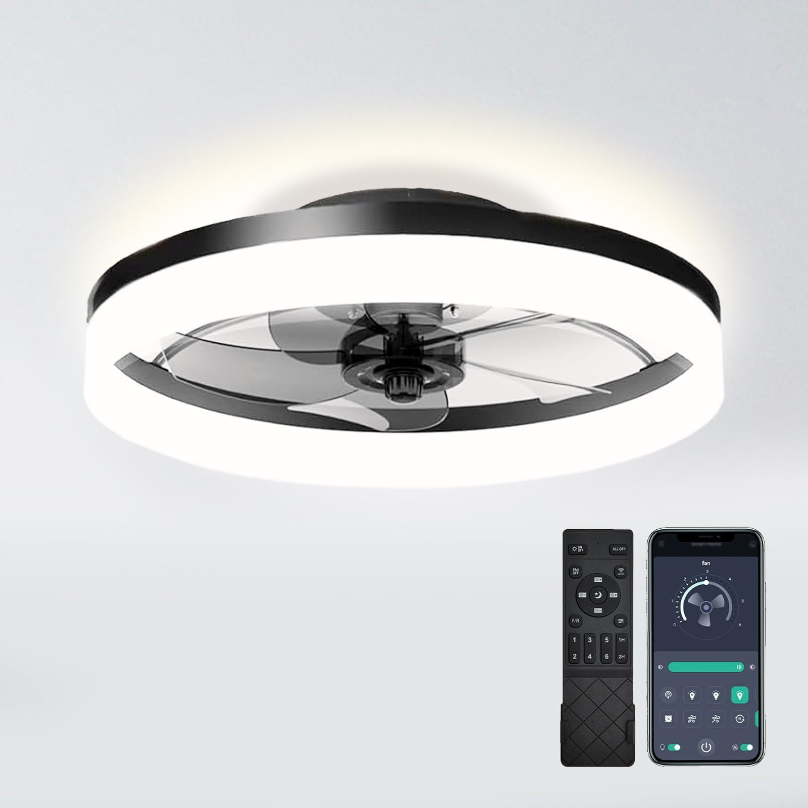 19.7 inch Low Profile Ceiling Fan with Lights and Remote, Fandelier Dimmable Ceiling Fan Flush Mount, 3000K-6500K Bladeless LED Fan Light for Bedroom,Dining Room and Kitchen (Black, 1 Pack)