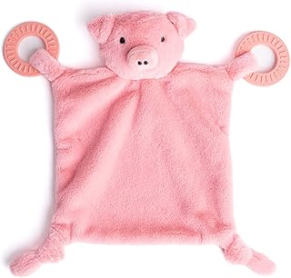 Bella Tunno Teether Buddy – Soft, Plush Baby Lovey with Textured Baby Teether and Gentle Rattling Head, Colorful Animal-Themed Teething Toys (Pig)
