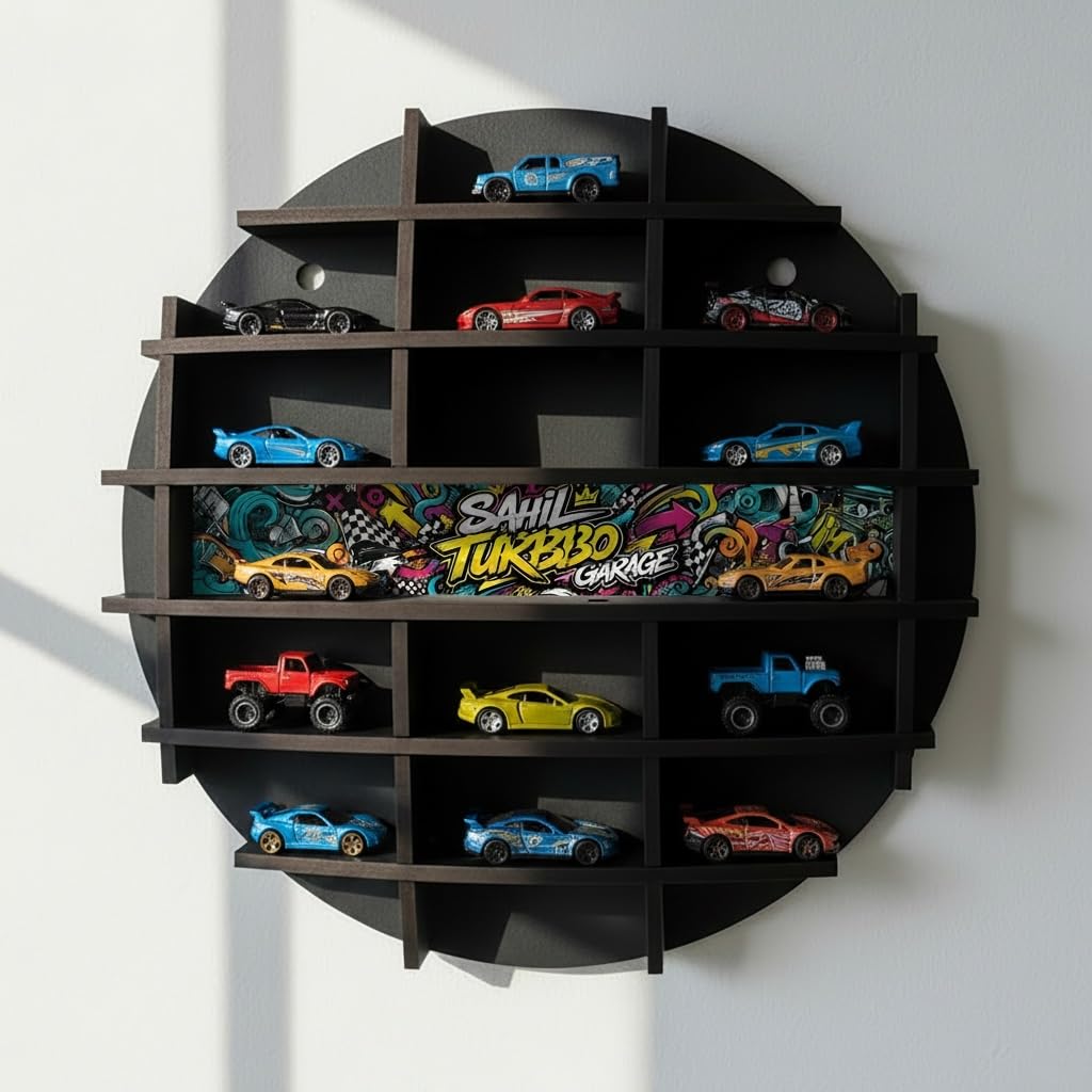 Personalized Round Diecast Car Display Shelf with Custom Name Print | Wall Mounted MDF Wooden Rack for 1:64 Scale Hot Wheels & Toy Cars | Customized Kids Room & Garage Decor Organizer-image-12