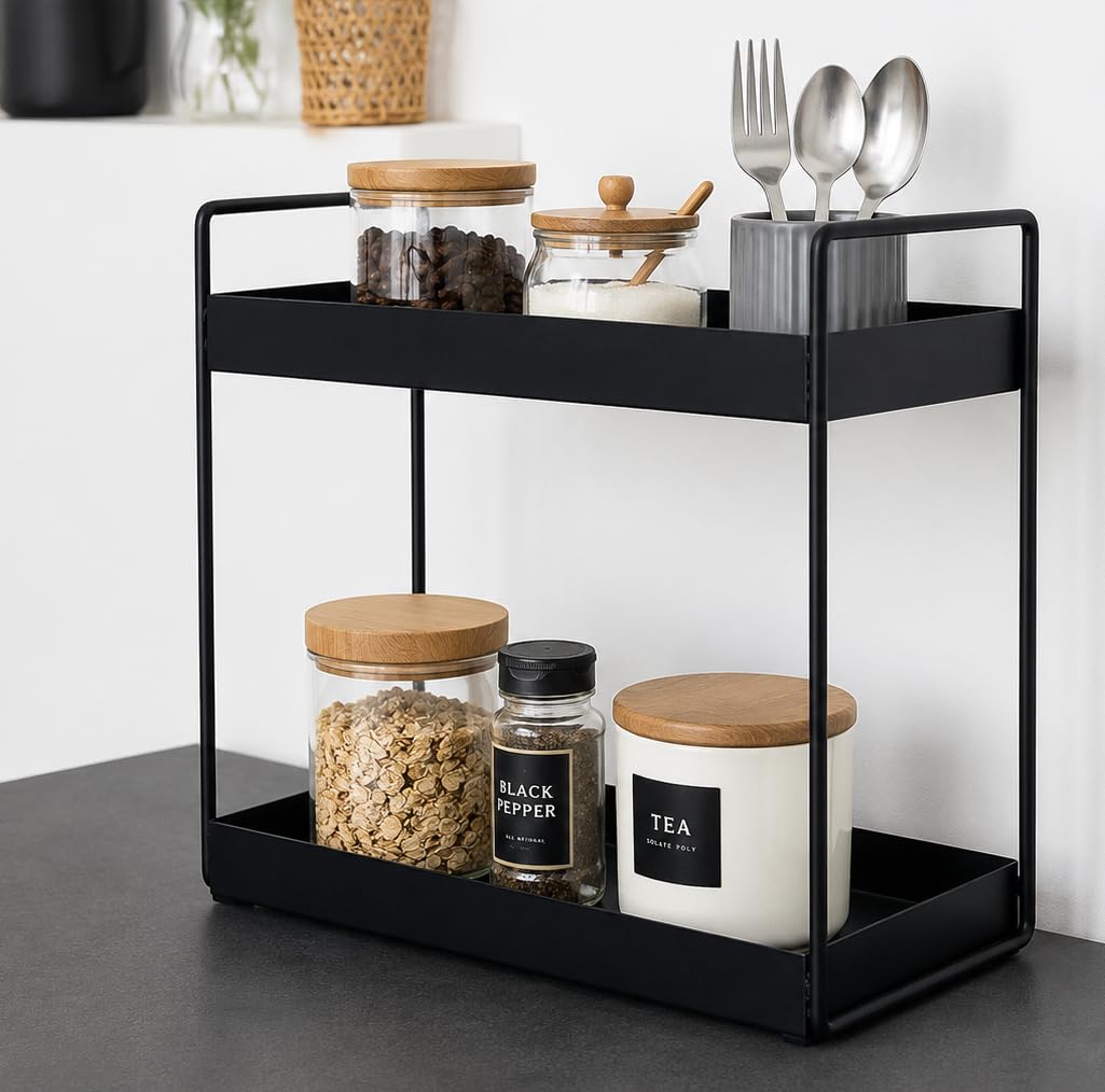 Big Size MULTIPUPOSE 2-Tier Standing Rack, Bathroom Countertop Storage Shelf Cosmetic Organizer Holder Kitchen Spice Rack, Black, Metal (White)-image-37