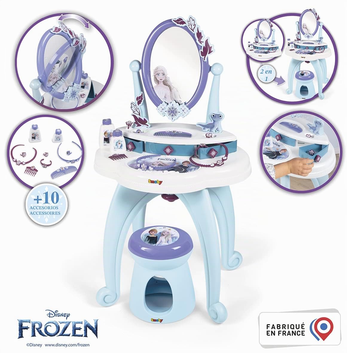Smoby - Tocador Frozen- de Juguete con Taburete, Incluye Espejo y Accesorios para Peinar, Adecuado a Partir de 3 años (7600320244)