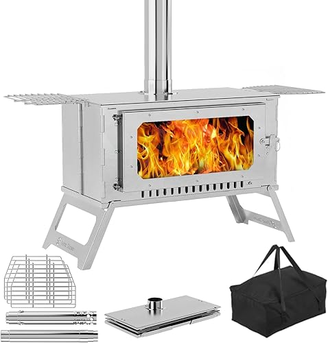 GAOMON Estufa de leña para acampar con parrilla  Estufa de leña de acero inoxidable con tubos y vidrio de visión, estufa de tienda de campaña con