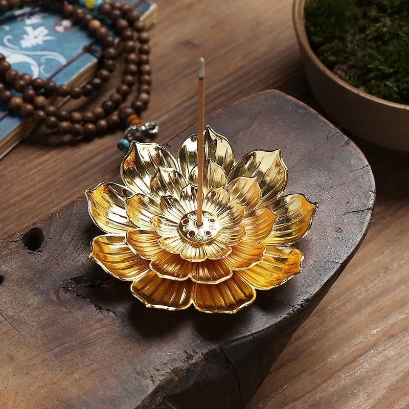 Image of SATYAM KRAFT 2 Pcs Lotus Flower Design Agarbatti Stand Incense Holder and Detachable Ash Catcher Metal for Festive Decorations setup, Mandir, Pooja, Wedding & Spiritual Events, Insence Burner (Golden)