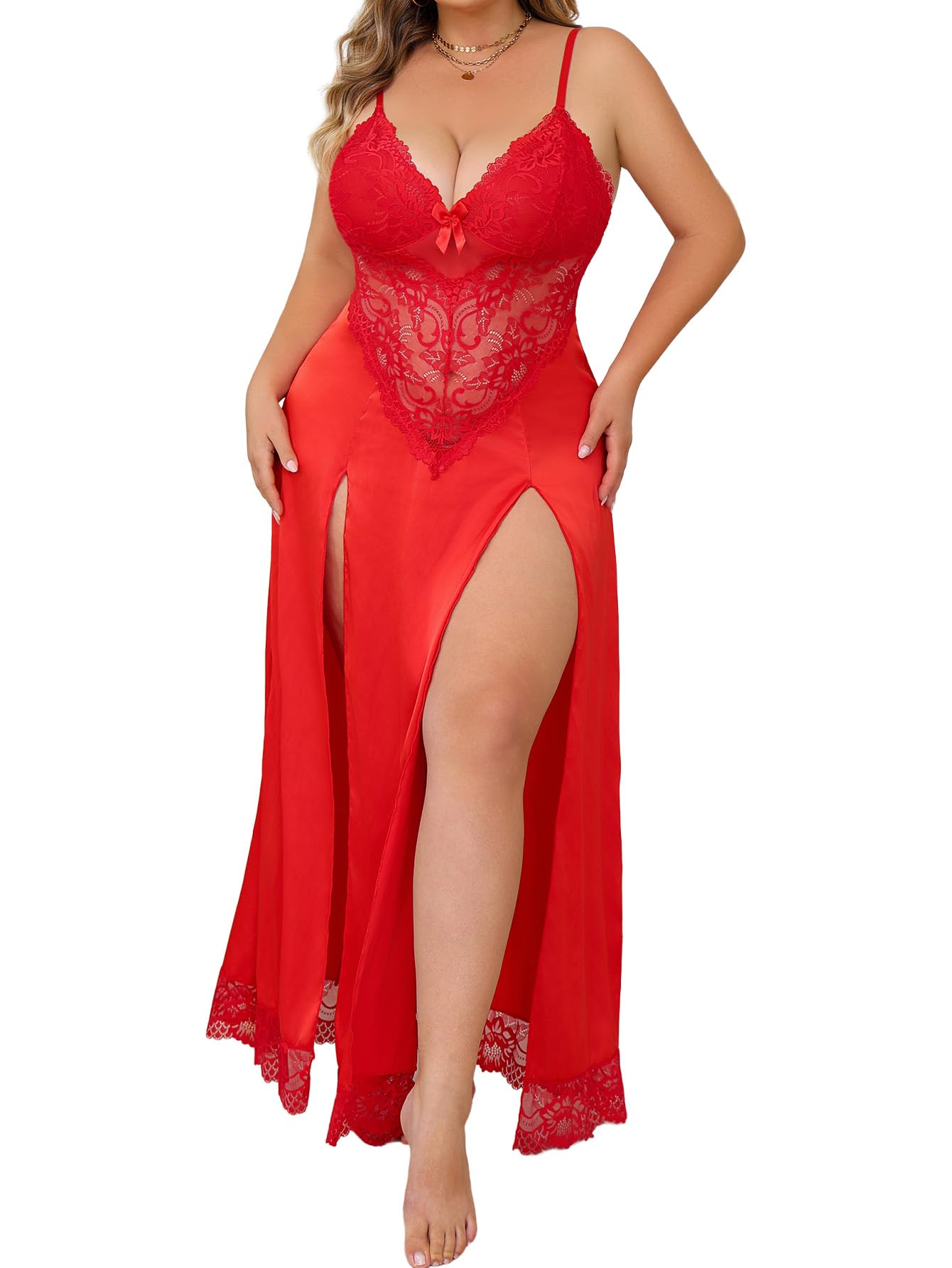 Alrovetoney Plus Size Lingerie For Women Babydoll Sexy Mesh Maxi Nightdress Exotic Sleepwear Side Slits
