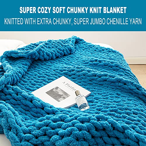 Libcmlian Blue Chunky Knit Blanket Throw 51"X63" Soft Chenille Yarn Knitted Throw Blanket Big Thick Handmade Cable Knit Throw Blanket For Couch Bed Sofa #TOP1