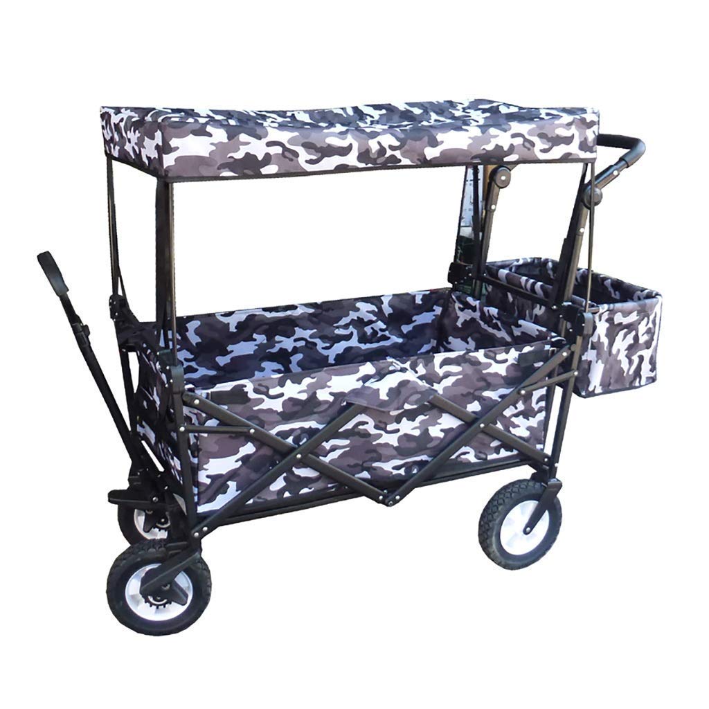 Heavy-Duty Folding Garden Cart with Canopy, 4-Wheel Multifunctional Utility Cart for Outdoor Camping, Beach Towing, 150 kg Capacity