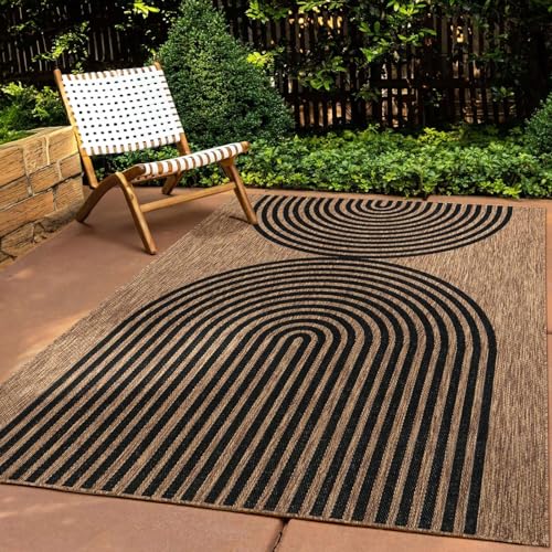Taracarpet In & Outdoor Teppich Wetterfest Wohnzimmer Balkon Küchenteppich Terrassenteppich Flachgewebe Sisaloptik mit Muster Boho Kreise schwarz 120x160 cm