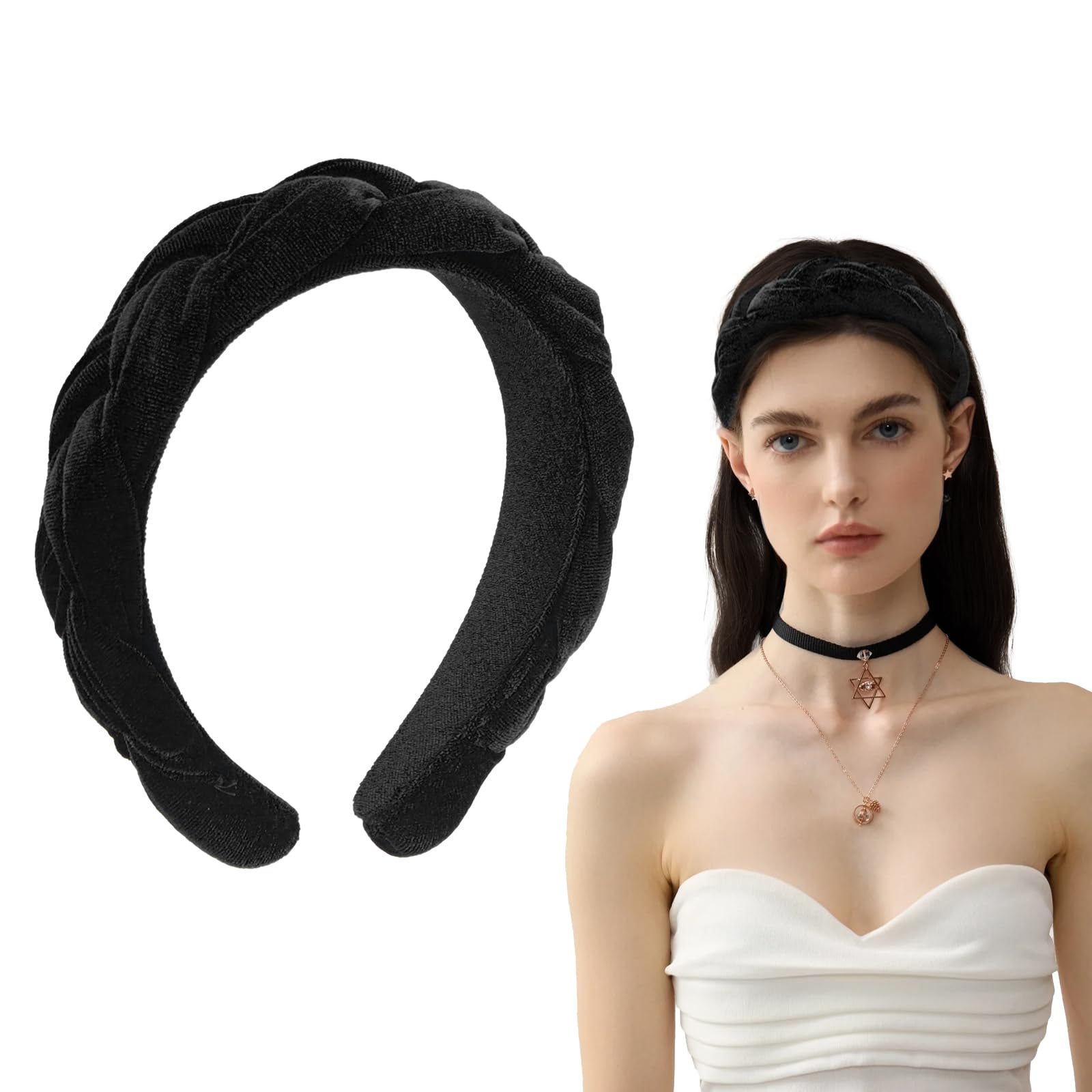 Schwarzes Geflochtenes Samt-Stirnband – Breites Haarband Ohne Zähne, Rutschfest, Weich, Für Frauen