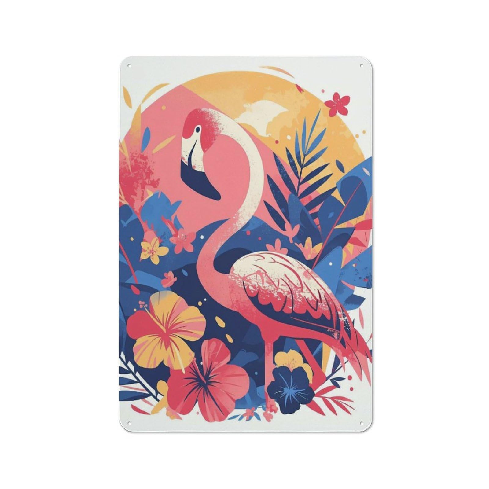 Junmoney Style-14 Tin Wall Plaque 30X20cm With Stylized Flamingo With Tropical Floral Background For Workshop Wall, Housewarming Wall Decor For People Furnishing Workshop