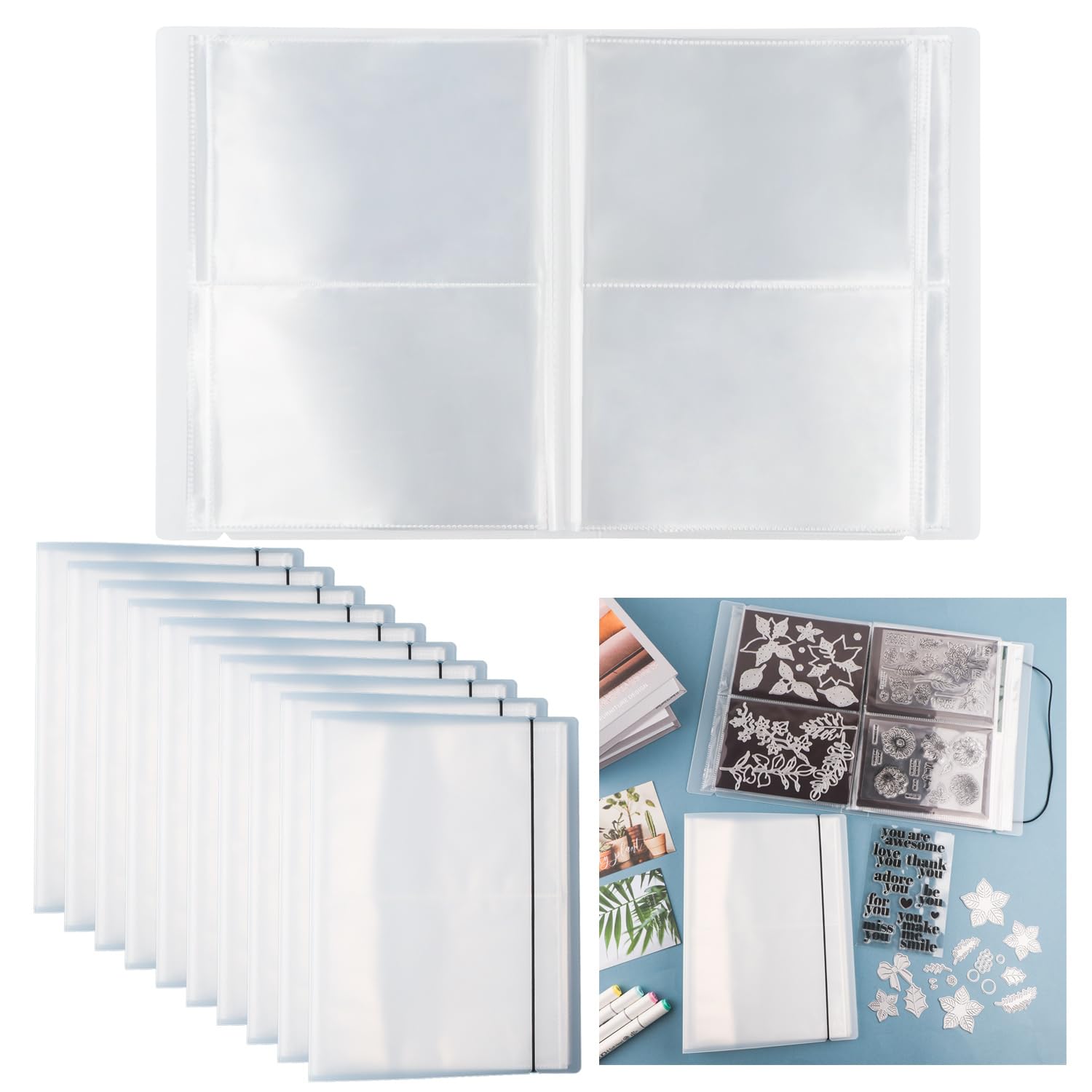 OTCRAFT 200 Pages800 Pockets /10Set Large Clear Sticker Photo Storage Album; Stamp & Cutting Dies Storage Book Organizer Folder for Postcards Stickers, Photo, Clear Stamps, and Cutting Dies — image 1
