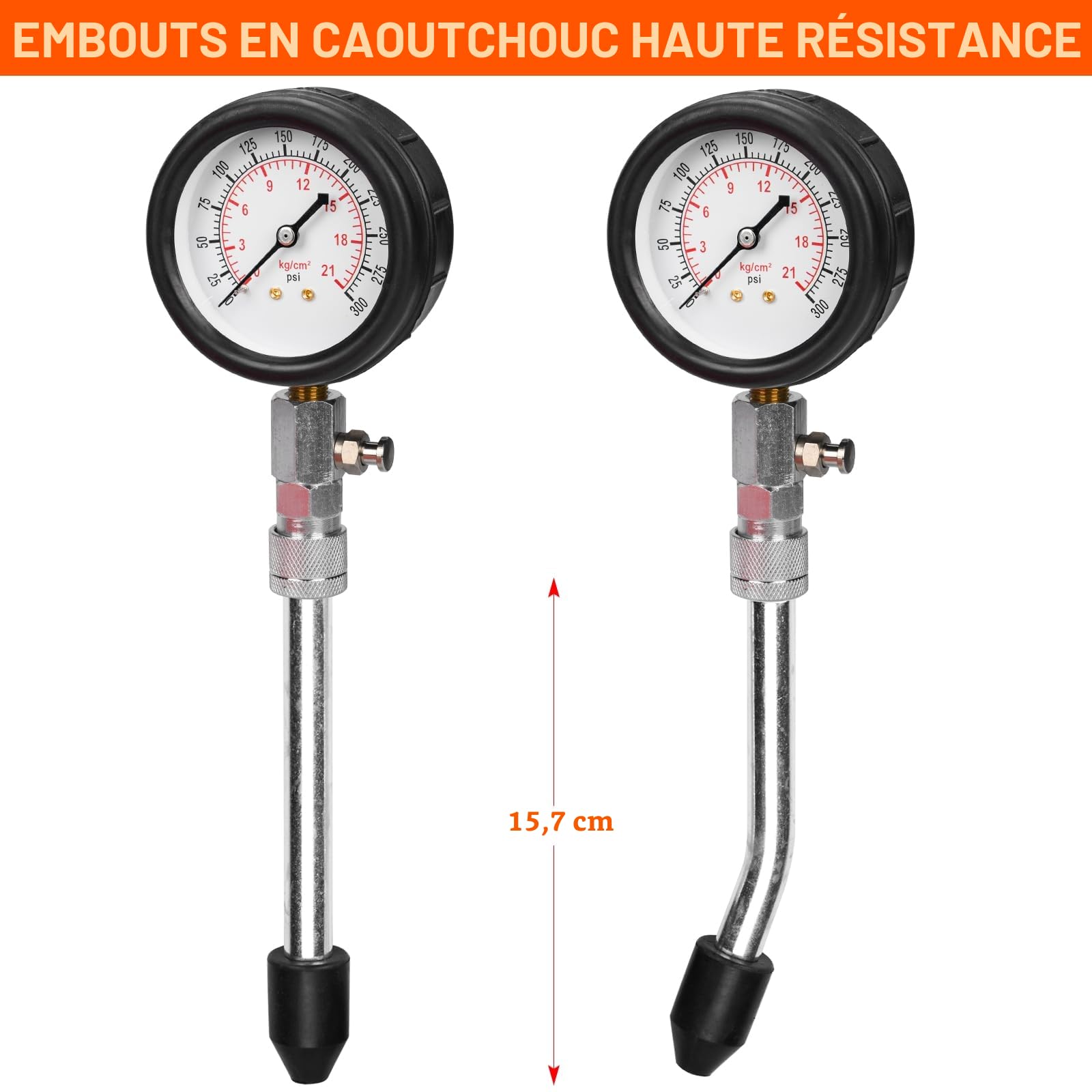 Testeur de Compression de Cylindre, Compressiomètre pour Moteurs à Essence, 0-20 bar & 0-300 psi avec 4 Adaptateurs M10 M12 M14 M18 (Rouge)