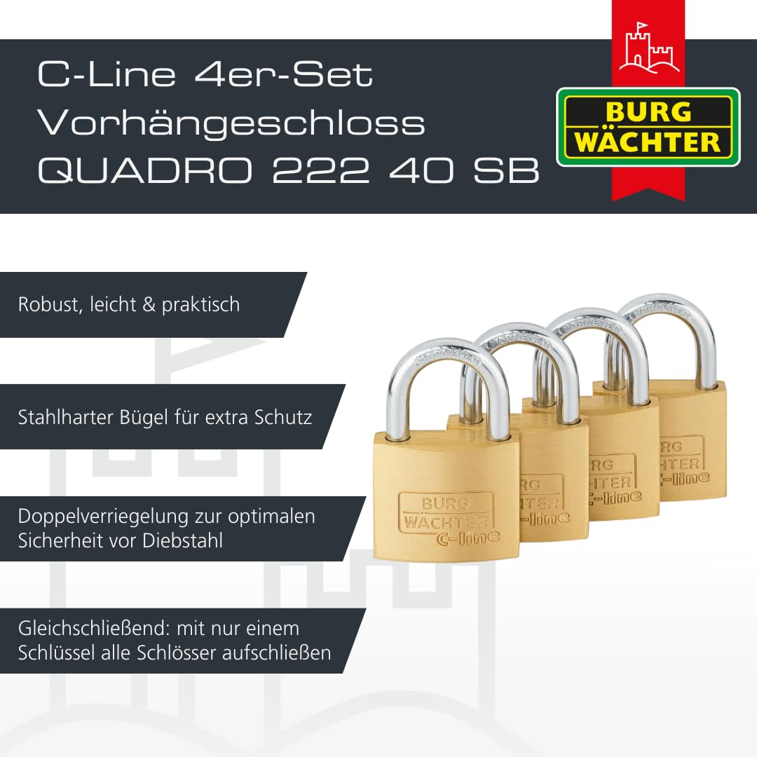BURG-WÄCHTER 4er-Set Vorhängeschloss mit Schlüssel, Gleichschließend, Vorhangschloss, 6 mm Bügelstärke, Stahlbügel, 4 Schlüssel, Quadro 222 40