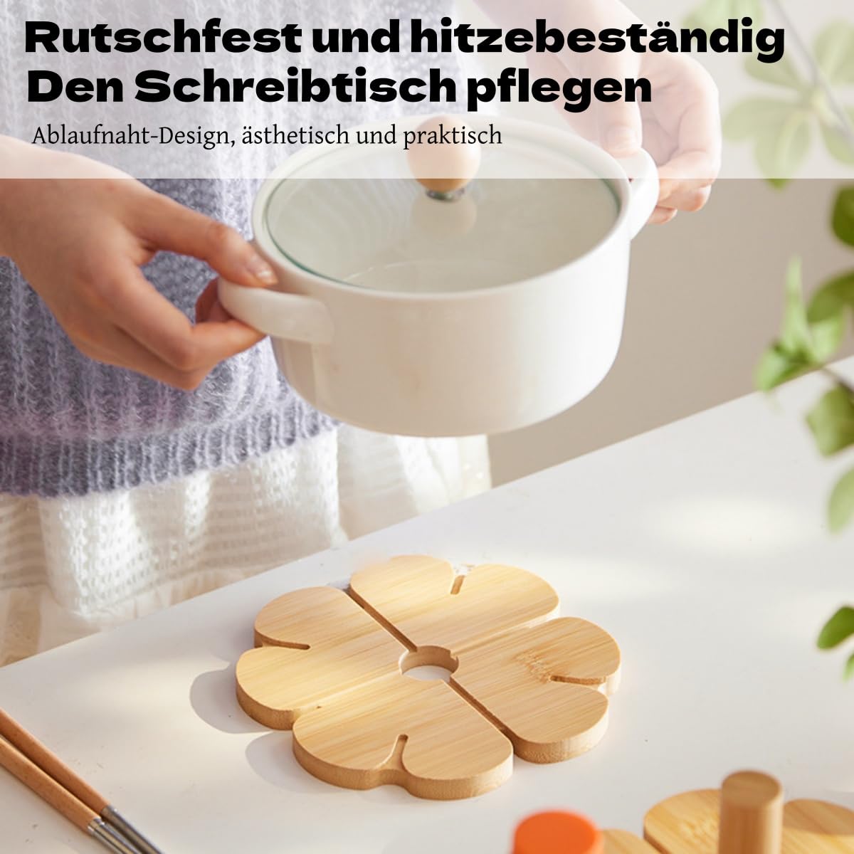 Kleeblatt Bambus Topfuntersetzer mit Ständer hitzebeständig (Groß 4 Stück + runder Sockel)