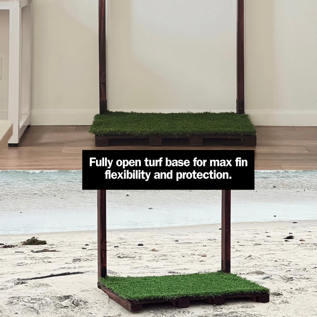 Veritcal Surfboard Storage Rack - Durable Wood and Premium Turf Base with Safety Bungee