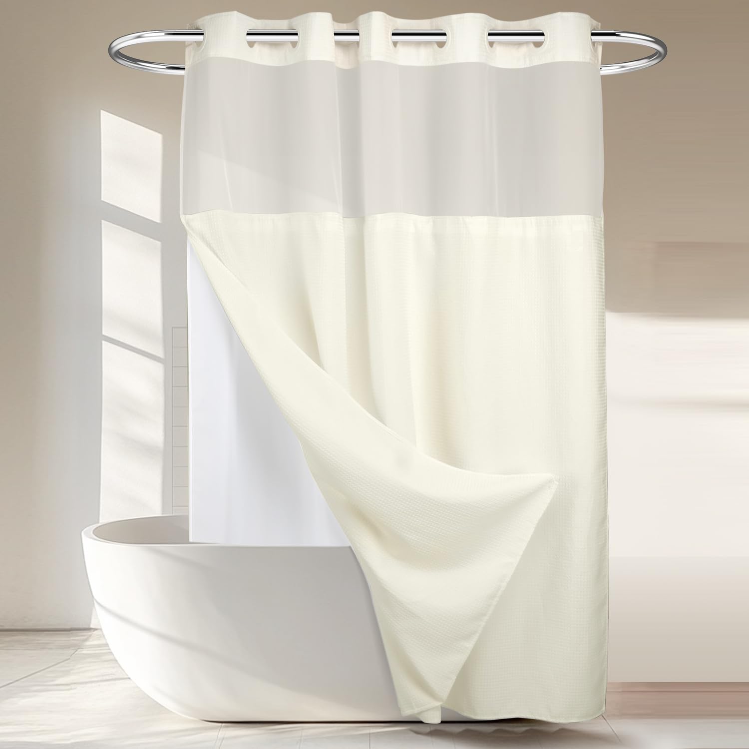 River Dream No Hooks Required Waffle Weave Shower Curtain with Snap in Liner - 71W x 74H,Hotel Grade,Spa Like Bath Curtain,Cream