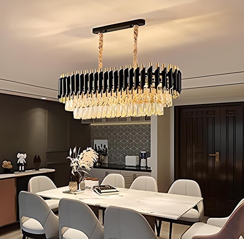 HDC Modern Rectangular Black Gold Crystal Chandelier for Dining Table | Crystal LED Ceiling Light for Living Room Dining Room Hall Luxury Rectangular Hanging Chandelier Home Decor (800 * 300)-image-16
