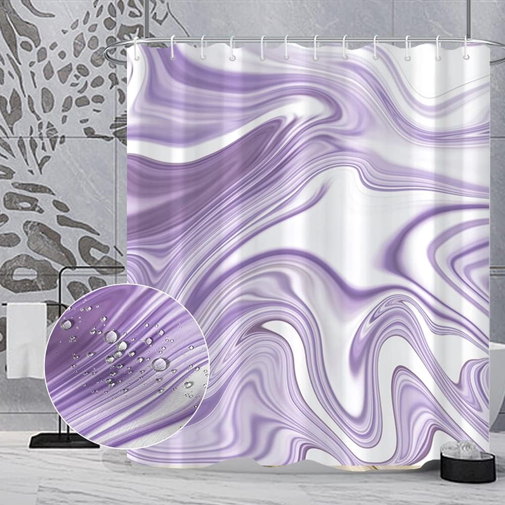Marble Shower Curtain, Purple White Shower Curtain for Bathroom Stall RV Abstract Art Decor Waterproof Fabric Shower Curtain Set with Hooks 72x72 inches