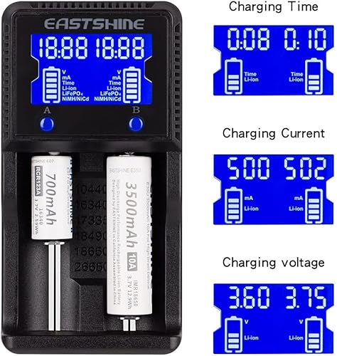 Miniatura 4 de EASTSHINE Cargador de batería inteligente universal 2 ranuras para baterías recargables 1.2V Ni-MH Ni-Cd AA AAA C 3.2V LiFePO4 3.7V Li-ion IMR 18650