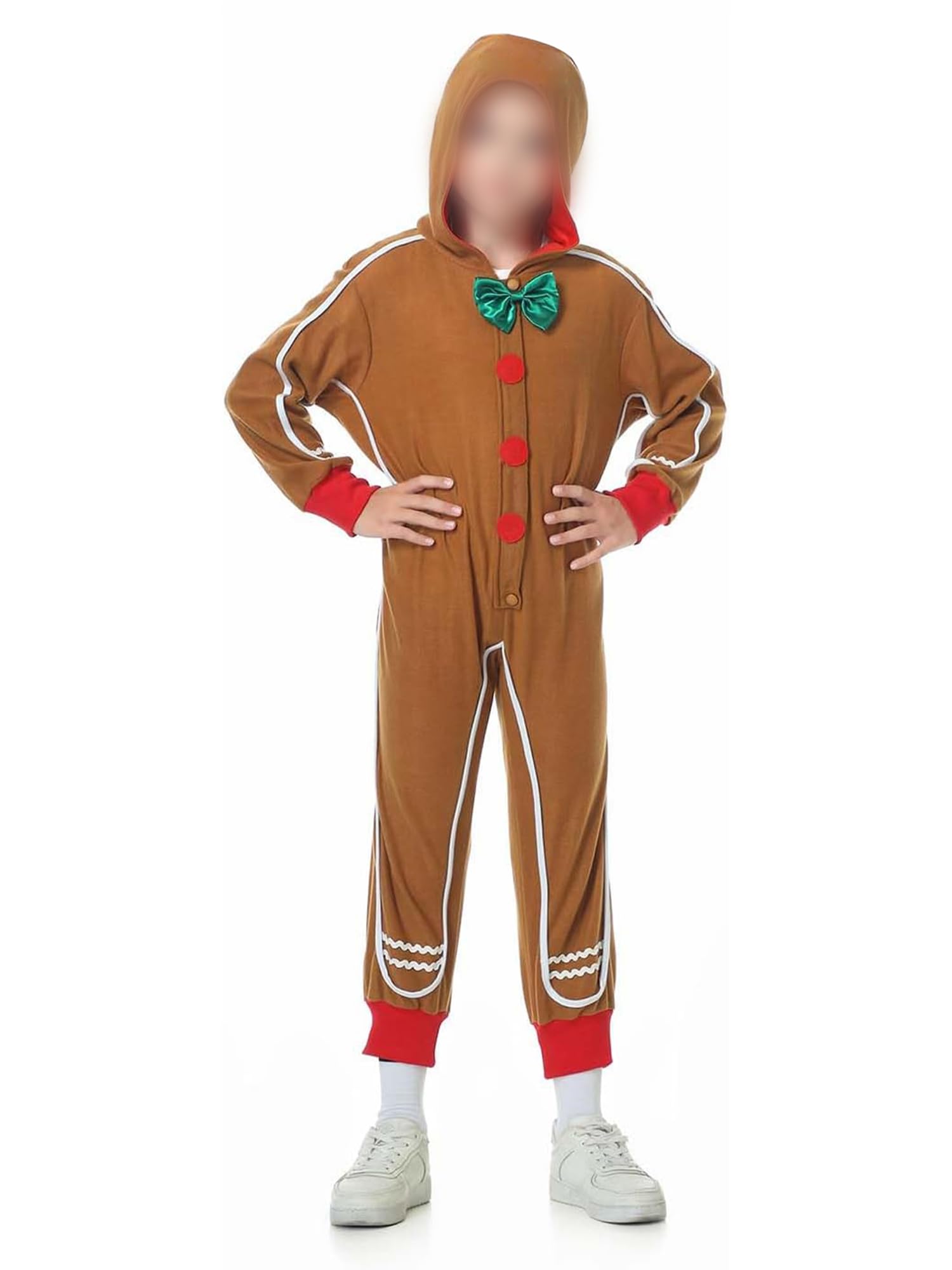 Anuedgis Christmas Gingerbread Man Costume Adult Funny Long Sleeve Hooded One Piece Jumpsuit for Xmas Cosplay Theme Party (D-Brown Kids, 7-8 Years)