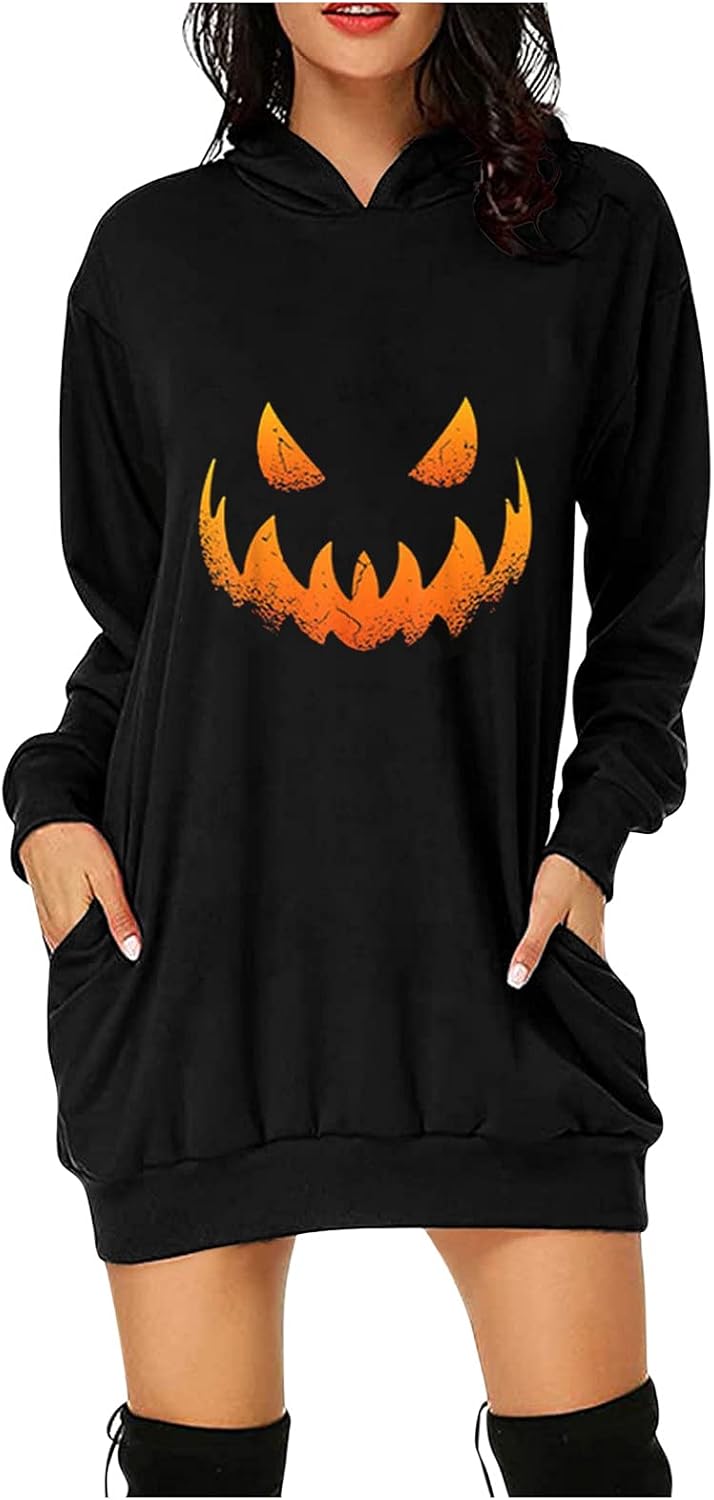 Julhold Women's Halloween Sweater Dress Hooded Funny Cute Halloween