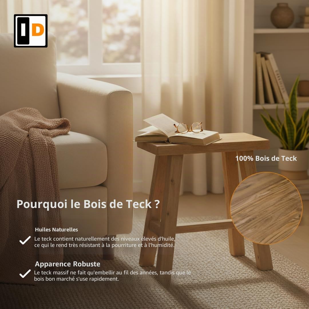 Tabouret en teck fait main 40 cm (Naturel)