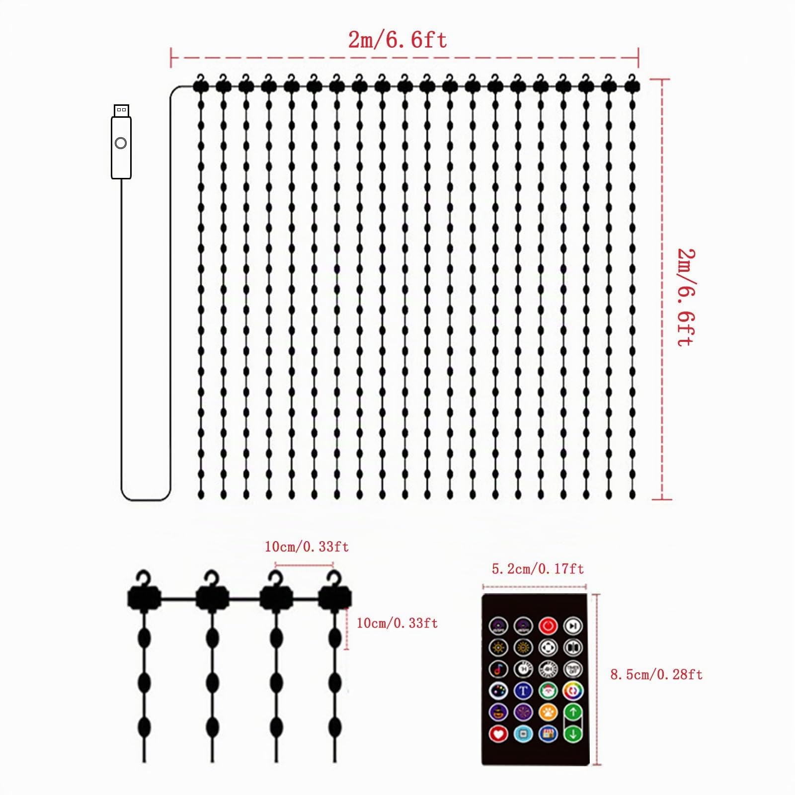 Smart rideau lumineux, 400 LED changement de couleur rideau lumineux USB télécommande app Control musique sync LED lumière DIY fenêtre lumière chambre salon décoration de Noël(2x2m)