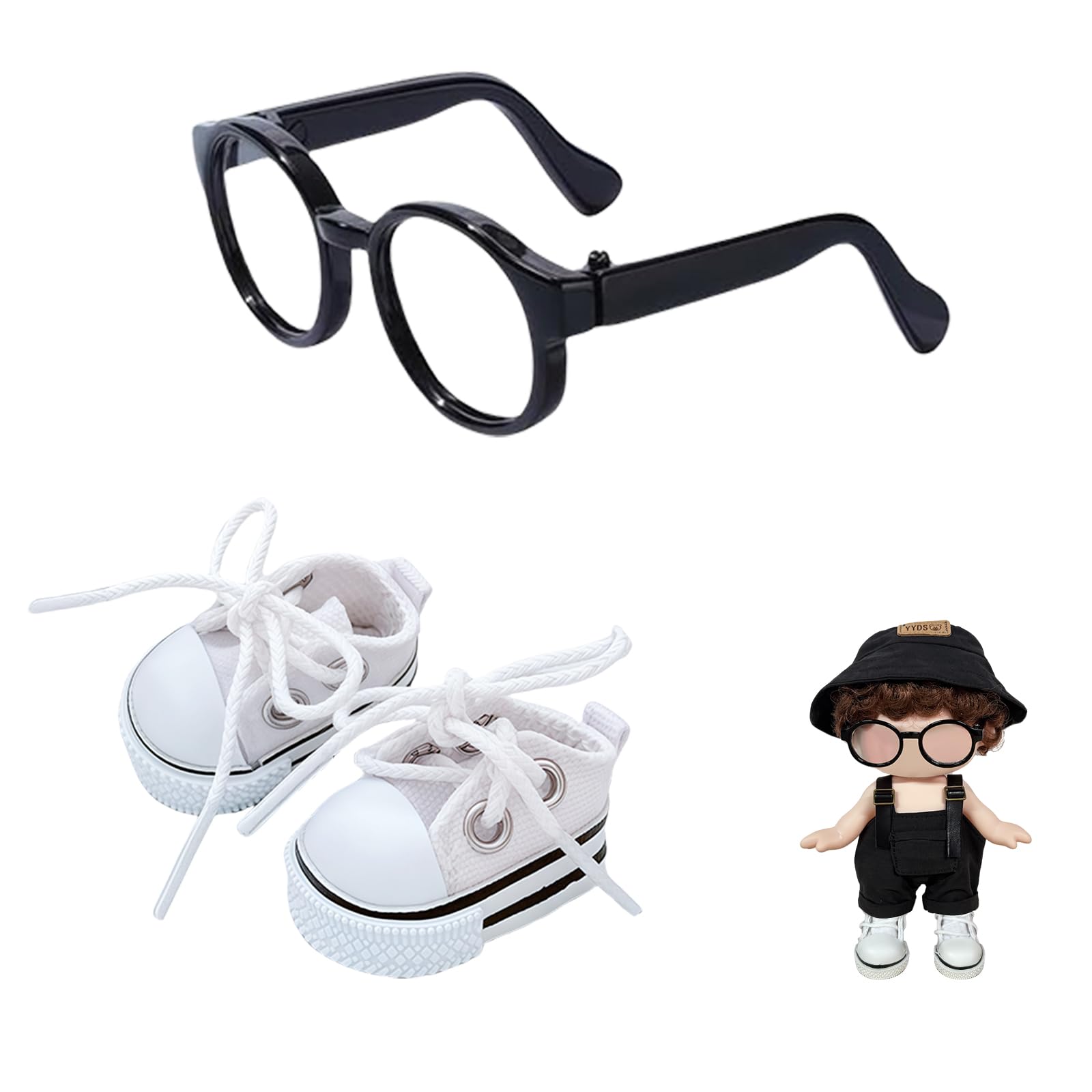 Mrltau Intellectual Style Doll Clothes Accessory Set: Black Round Glasses & Classic Sneakers for 15/17 cm Vinyl Plush Doll