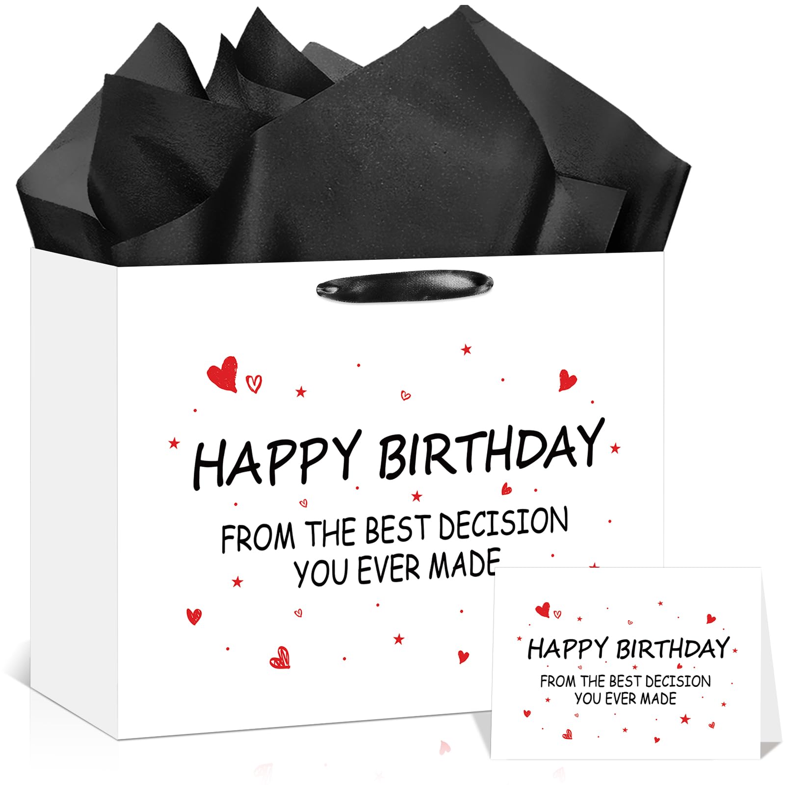 Funny Birthday Gift Bag with Tissue Paper Card From the Best Decision Gift Bags Black and White Happy Birthday Wrapping Bag for Boyfriend Girlfriend Husband Wife Couples Friends Bday Party Decorations