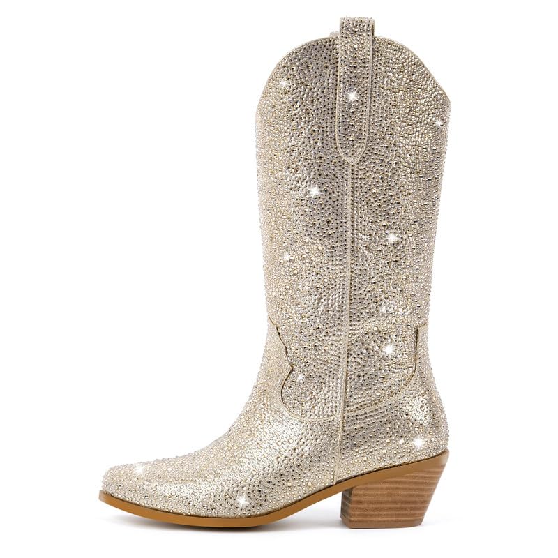 Image of Richealnana Sparkly Rhinestones Cowboy Cowgirl Style Boots Calf High Boots for Women 2INCH Heeled Shining Pull On Tabs