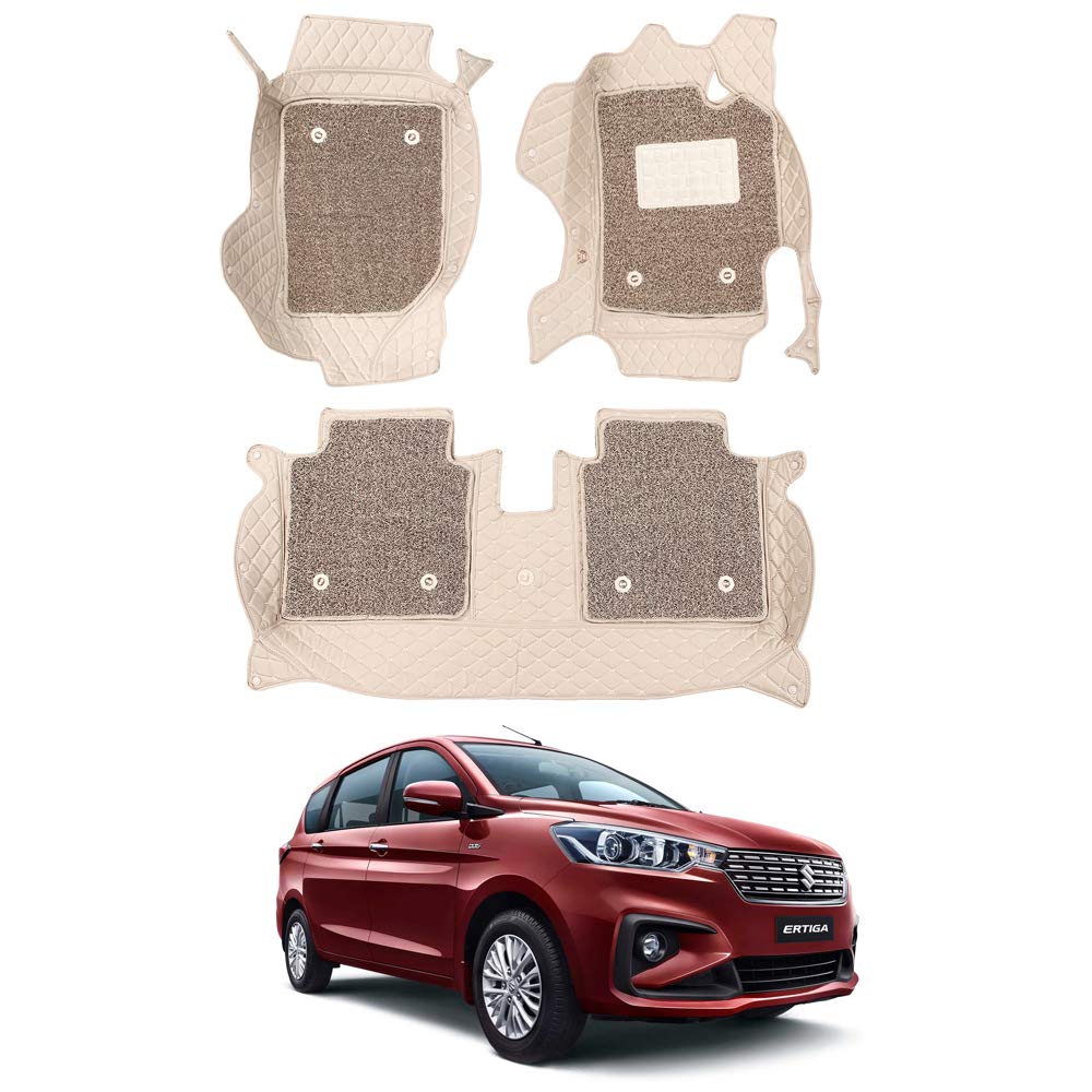 Oshotto/Coozo 7D Car Floor Mats Compatible with Maruti Suzuki Ertiga 2018-2023 (with 3RD Row) (Set of 4, Beige)