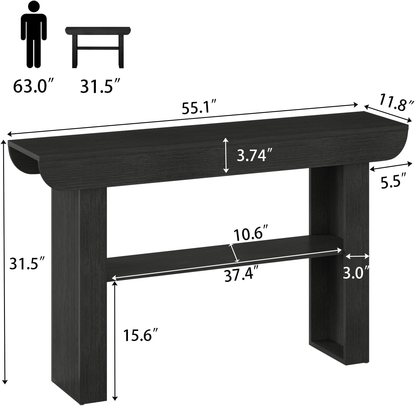 Black Entryway Table, 55‘’ Modern Console Tables 3-Tier Behind Couch Table Narrow Wood Sofa Table Foyer Tables for Entryway, Living Room, Hallway