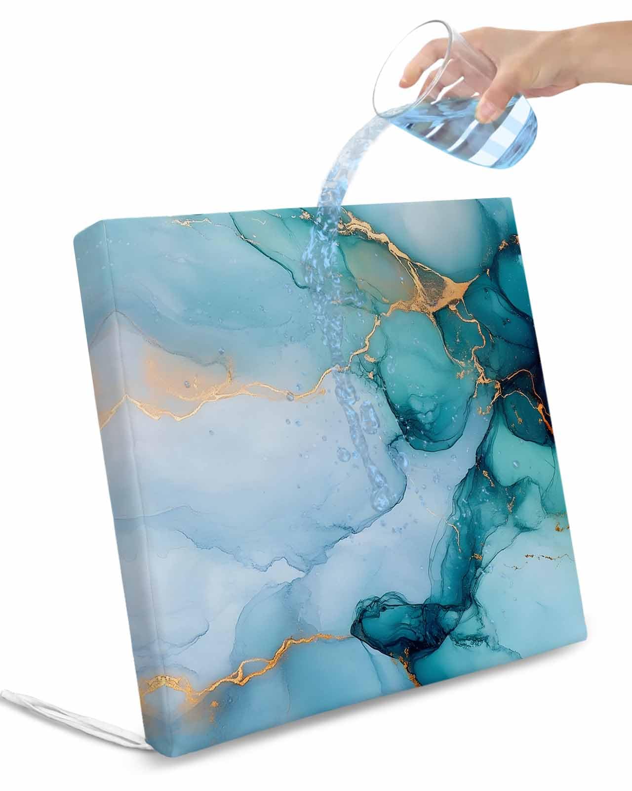 2 Pack Turquoise Gold Marble Waterproof Cushion Covers with Ties, Outdoor Patio Chaise Lounge Chair Seat Cushion Slip Covers Replacement(Only Cover) Modern Marble Geometric 22