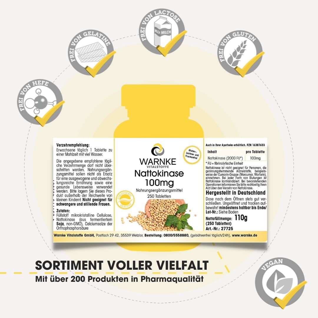 Nattokinase 100mg - 250 Tabletten - schluckfreundlich - 2000 FU - hochdosiert - vegan | Warnke Vitalstoffe - Deutsche Apothekenqualität