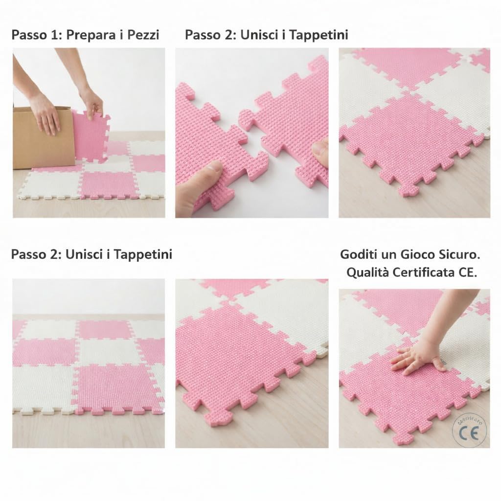 Tappeto Puzzle Bambini in EVA Antiscivolo – 18 Pezzi Rosa e Grigio 29,5x29,5 cm, Morbido e Atossico, Tappetone Gioco per Gattonare, Certificato CE, WELLDER