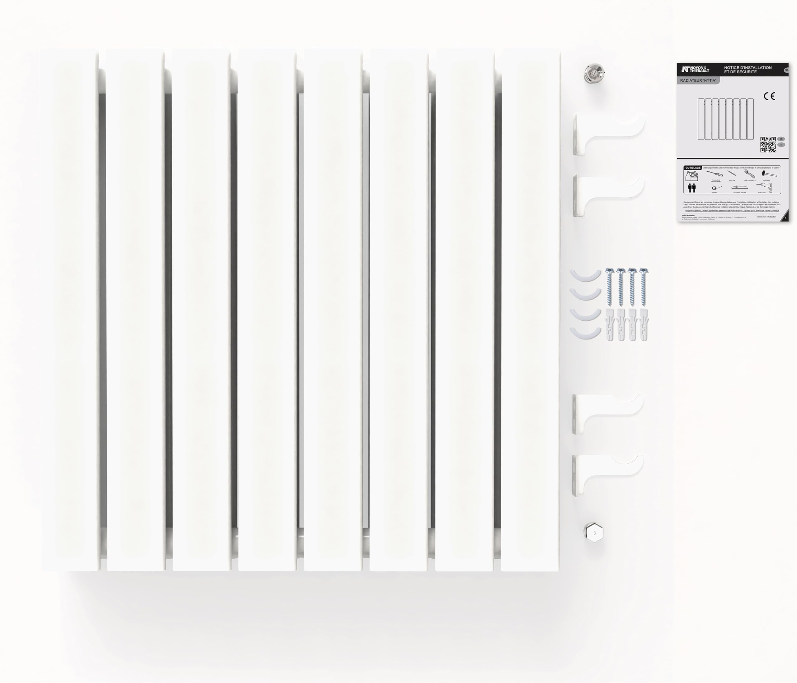 Radiateur blanc mural eau chaude horizontal en acier double lame | 60 x 60 cm 883 Watt chauffage central | 4 raccordements 15x21 (1/2) série NYTIA by NOYON & THIEBAULT
