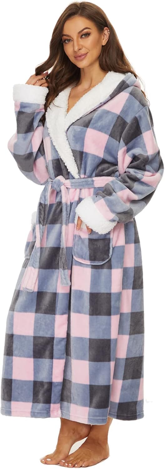 Devirld Plush Robes for Women, Womens Robe Long Fleece Fuzzy Bathrobe Hooded Warm Soft Fluffy Bathrobes - Image 4