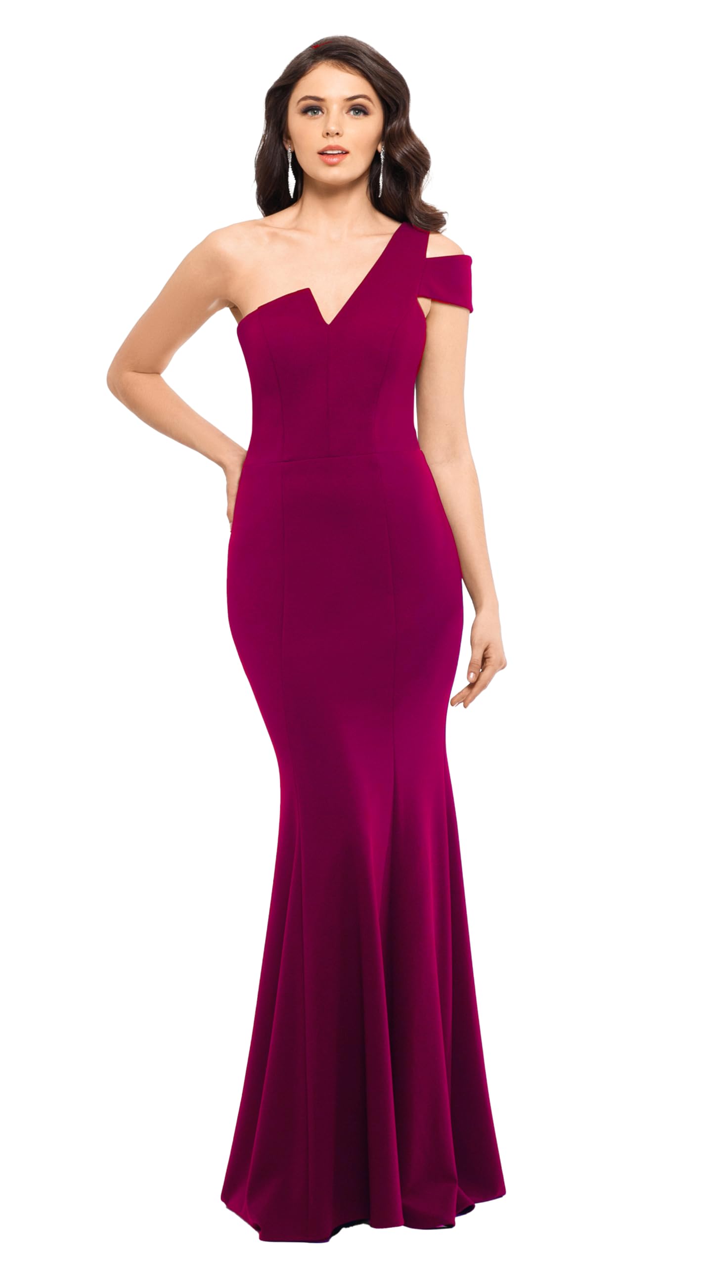 Betsy &amp; Adam Long Slim One Shoulder Dress | Cold Shoulder Evening Gown