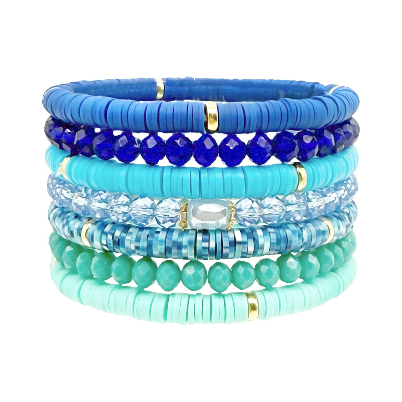 Soft Clay Stretch Bracelets Set 7 Pcs Polymer Clay Sea Surfer Colorful Glass Beads Bracelet for Women Stackable Preppy Boho Wrist Jewelry