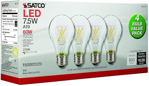 Miniatura 7 de Satco Bombillas S21713; S21713 7.5A19/CL/LED/E26/27K/120V/4PK 7.5 Watt; LED A19; transparente; 2700 K; base media; 120 voltios; paquete de 4 (8