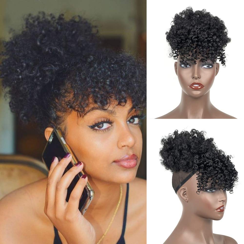 Amazon.com: Afro Puff Drawstring Ponytail with Bangs 1B Black Afro High  Puff Bun with Bangs Short Afro Kinky Curly Hair Pieces Clips in Pineapple  Up and Down Hair Extensions for Women :