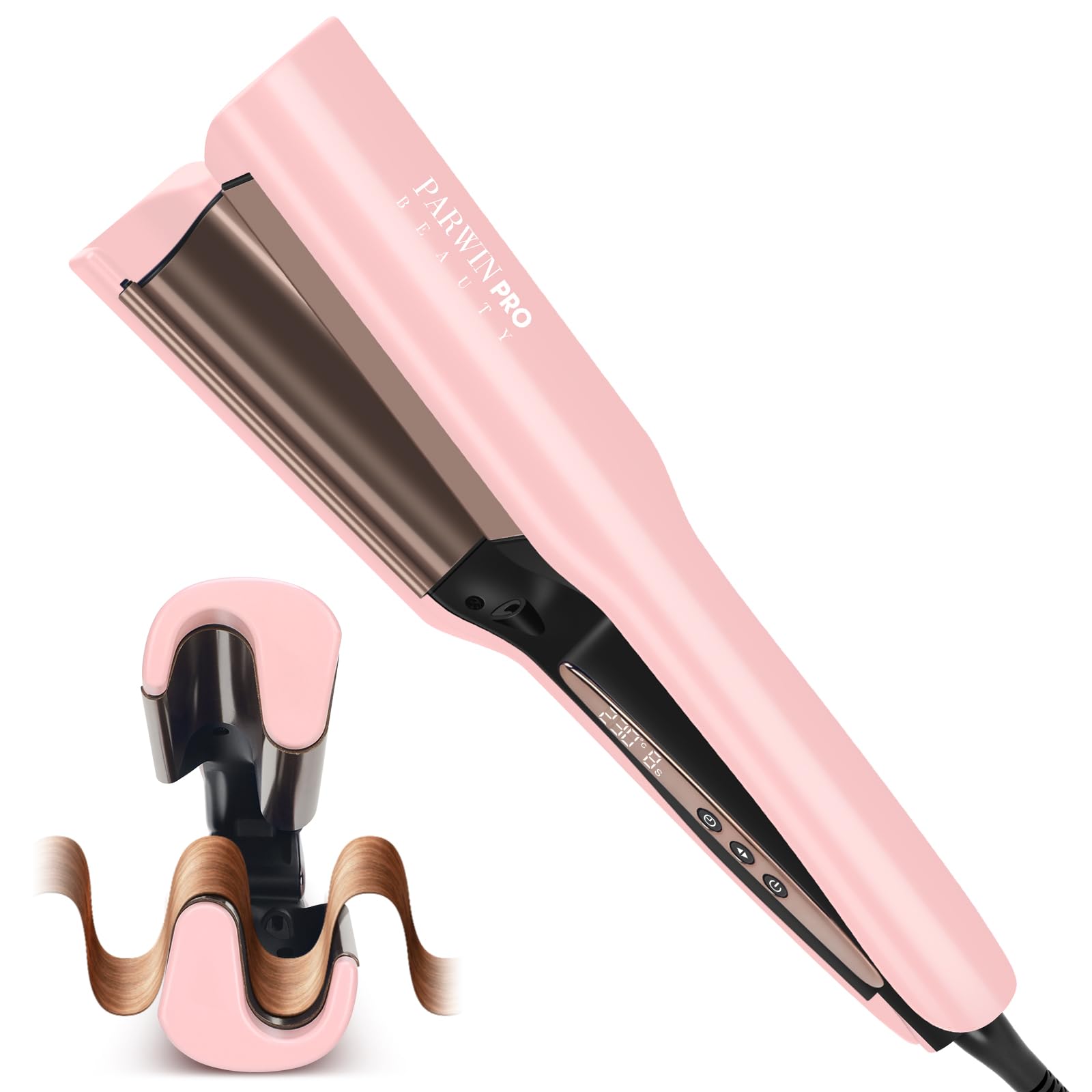 Meerjungfrauen Deep Waves Welleneisen 25 mm, PARWIN PRO BEAUTY Doppelzylinder Beach Waves Lockenstab, 3 Timer-Stufen (6/8/10 s) & LED-Anzeige, 4 Temperaturstufen, 350 g Leichtgewicht (Rosa)