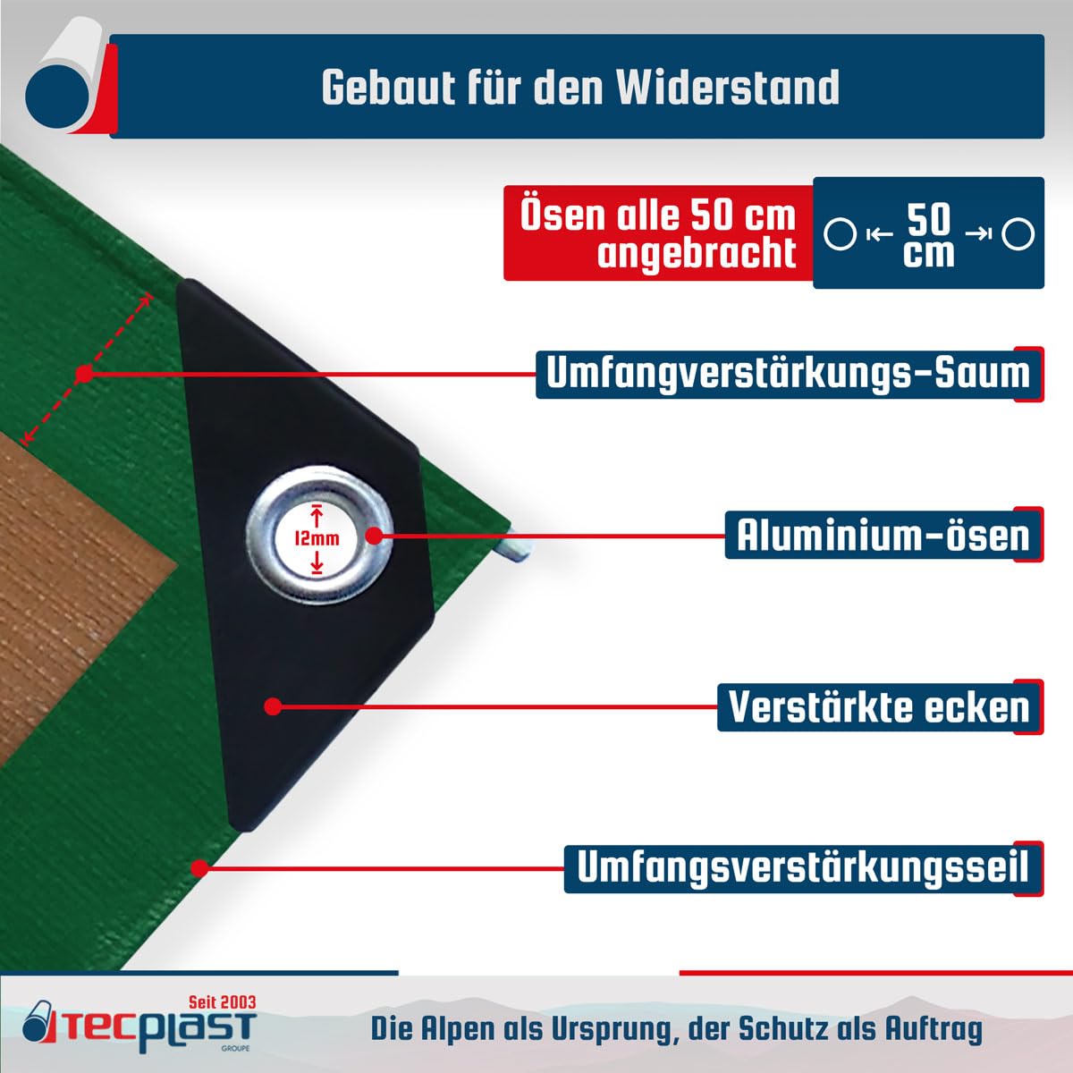 Schutzplane 8x12 m - TECPLAST - HQ250MU - Grün und Braun - Hohe Leistung - Wasserdichte Plane - Anti UV-beständig