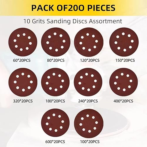 Miniatura 7 de Juego de discos de lija de 200 piezas, papel de lija de 8 agujeros de 5 pulgadas, 10 grados, incluye 60, 80, 100, 120, 150, 180, 240, 320, 400, 600