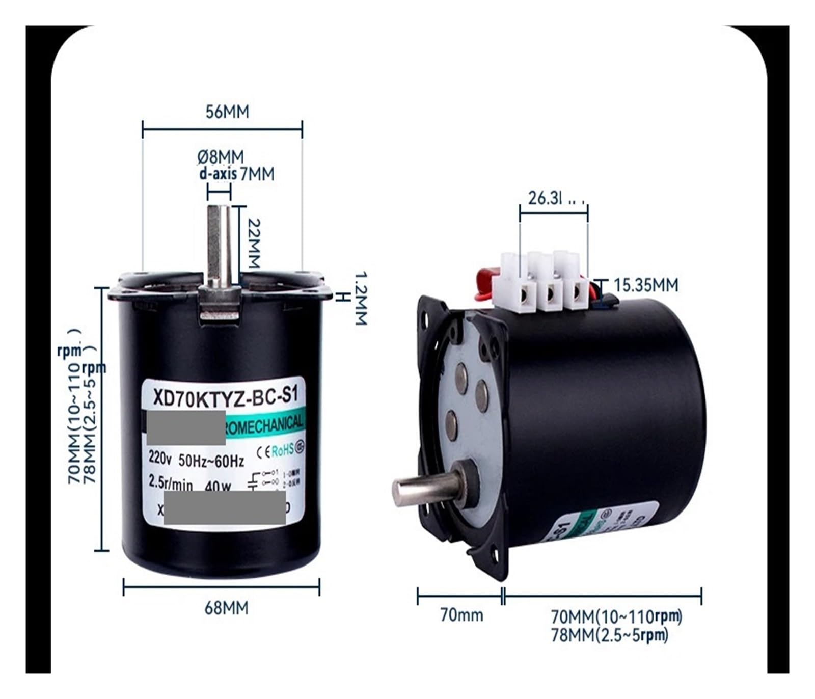 Motor síncrono 70KTYZ 40W 220V Eje excéntrico AC de imán Permanente + Soporte Reductor Velocidad CW CCW(10rpm)