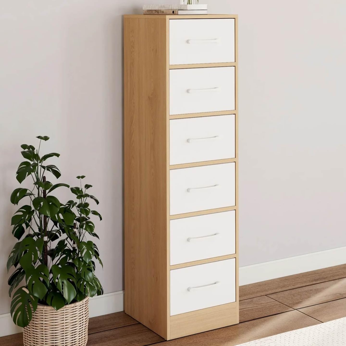 IDMarket - Mueble auxiliar de 6 cajones UPPAH, cajonera de 30 cm, mueble de madera efecto haya y blanco