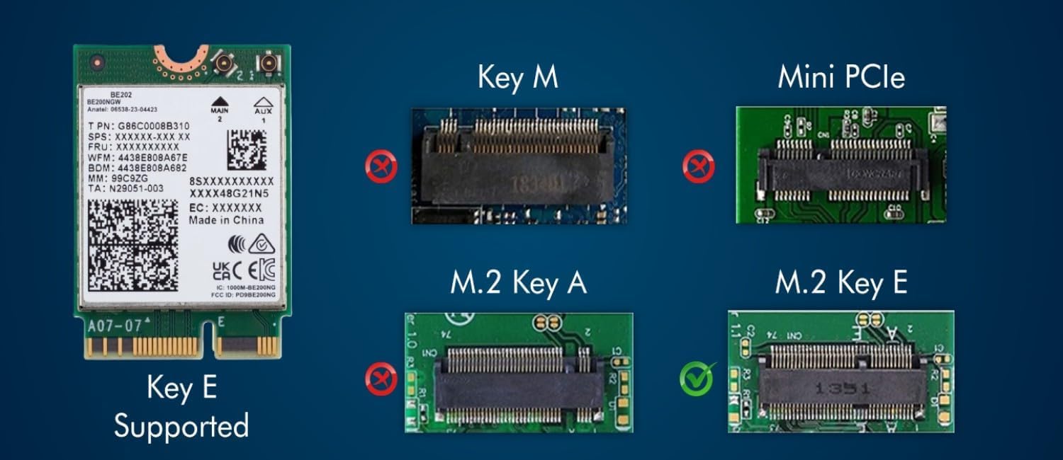 BE202 WiFi 7 Card | M.2 PCIe WiFi Card | Tri-Band 2,4/5/6 GHz, do 2,4 Gb/s, karta WiFi do komputera, obsługa Bluetooth 5.4 i komputery Intel z Windows 11 | BE202NGW